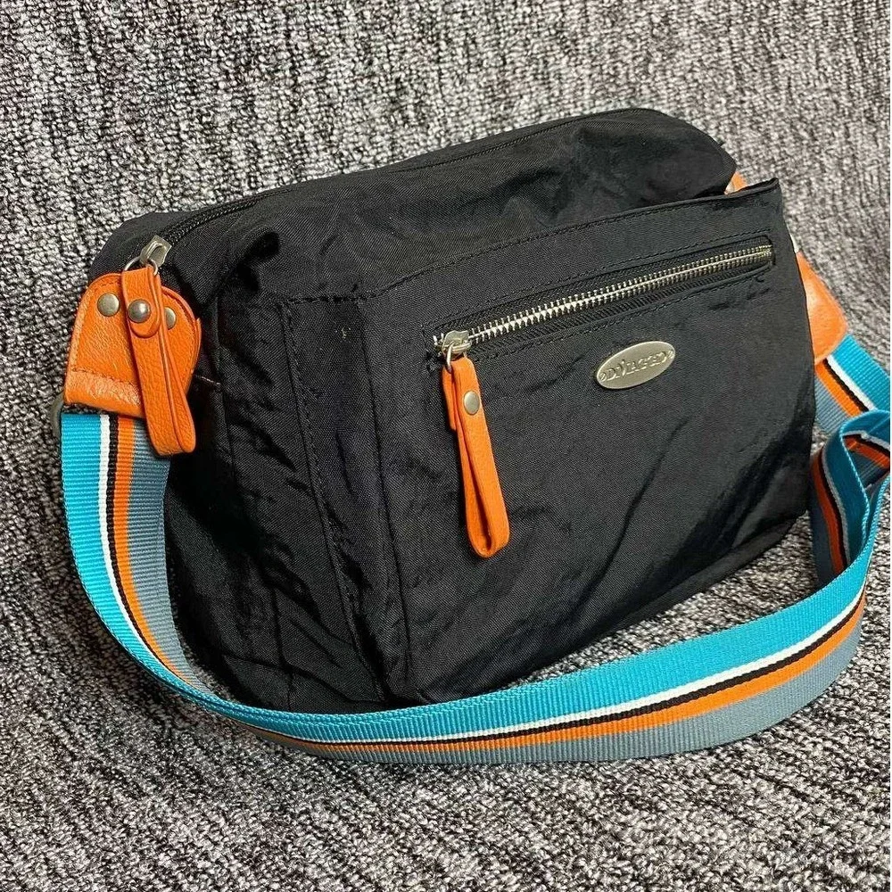 Di‎ Viaggio Crossbody Bag Black Nylon Colorful Striped Strap Multi Pocket Travel